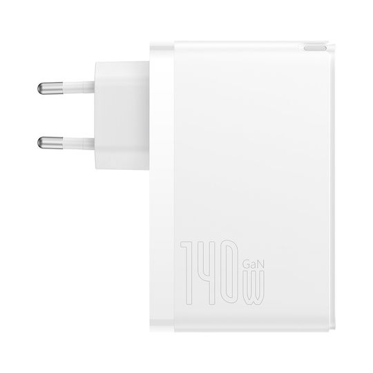 Baseus Ladegerät GaN mit USB-A Anschluss und 2 USB-C Anschlüsse und Kabel USB-C - USB-C 140W Weißs (Gan5)