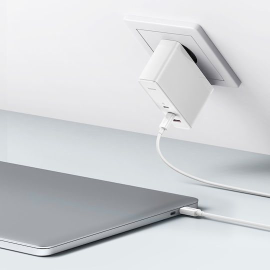 Baseus Ladegerät GaN mit USB-A Anschluss und 2 USB-C Anschlüsse und Kabel USB-C - USB-C 140W Weißs (Gan5)
