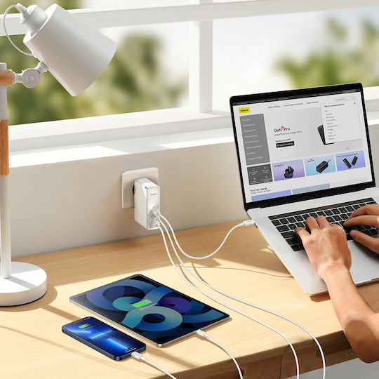 Baseus Ladegerät GaN mit USB-A Anschluss und 2 USB-C Anschlüsse und Kabel USB-C - USB-C 140W Weißs (Gan5)
