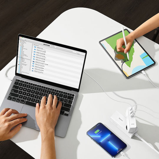 Baseus Ladegerät GaN mit USB-A Anschluss und 2 USB-C Anschlüsse und Kabel USB-C - USB-C 140W Weißs (Gan5)
