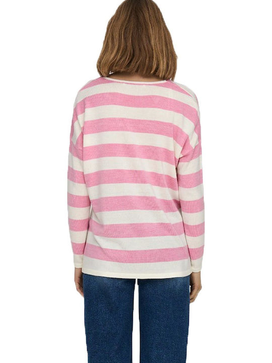 Only Women's Blouse Long Sleeve with V Neckline Striped Rose / Bonbon