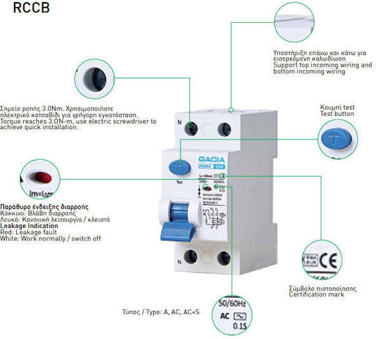 Gacia Ρελέ Ράγας Διαρροής 32A Διπολικό με Τάση 230V 2x32Α 6KA 30mA Type A
