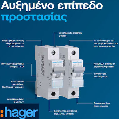 Hager 1-Pole Automatic Circuit Breaker 63A 10kA Καμπύλης C NCN163A