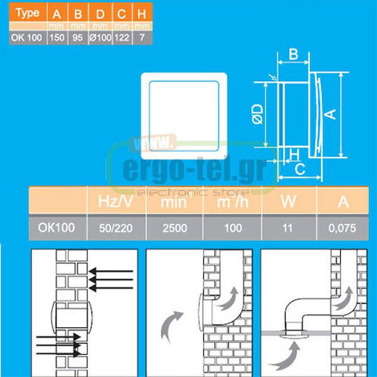 Mmotors OK-100 Wall-mounted Ventilator Bathroom 100mm Blue