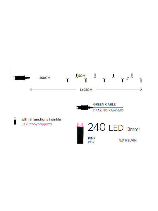 240 Светлини LED 11.95m. Розов тип Лента 1бр