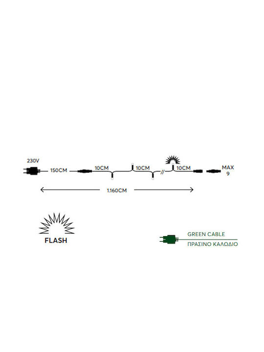 100 Christmas Lights LED 2m. Green in String with Green Cable 230V, 90 White Led and 10 White Flash Led Eurolamp
