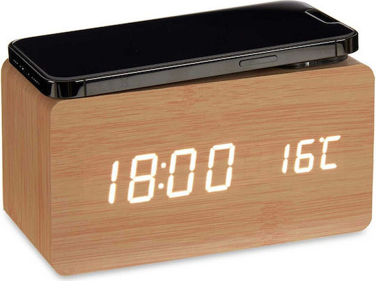 Gift Decor Tabletop Digital Clock LED Wooden with Alarm Clock & Wireless Charging Brown 86295