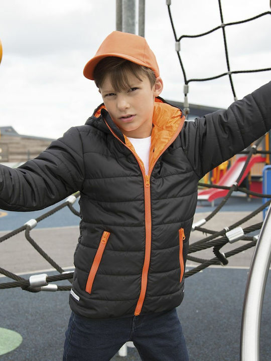 Kinder Gestepptes Kurzes Kinderjacke mit Futter & Kapuze Schwarz Orange