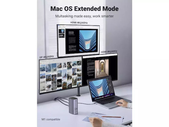 Ugreen USB-C Docking Station με HDMI/DisplayPort 4K PD Ethernet και συνδεση 3 Οθονών Ασημί (90325)