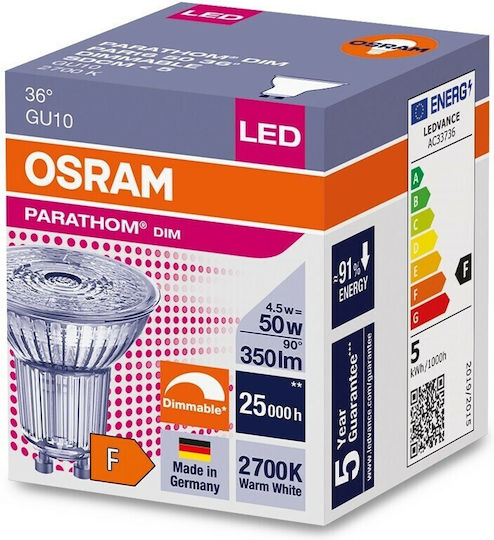 Osram LED Bulb 4.5W for Socket GU10 and Shape PAR16 Warm White 350lm Dimmable