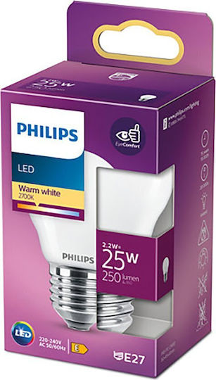 Philips Λάμπα LED 2.2W 80mm για Ντουί E27 και Σχήμα P45 Θερμό Λευκό 250lm