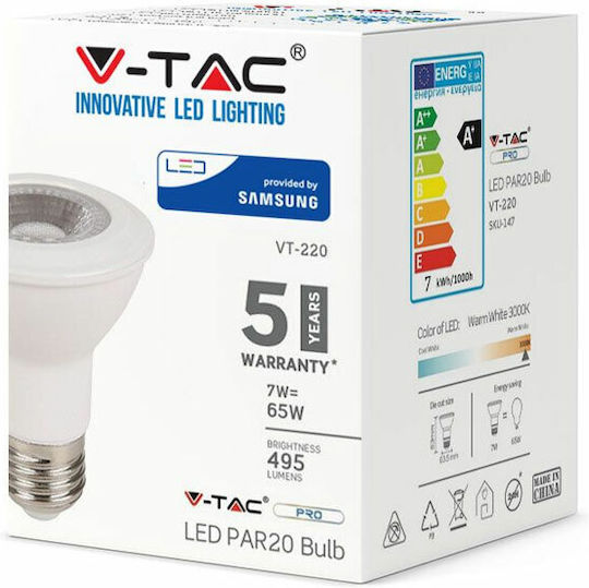 V-TAC VT-220-N LED-Lampe 5.8W 84mm für Fassung E27 und Form PAR20 Kühles Weiß 425lm