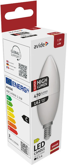 Avide ABC14WW-2.9W LED-Lampe 2.9W 103mm für Fassung E14 und Form C37 Warmes Weiß 470lm