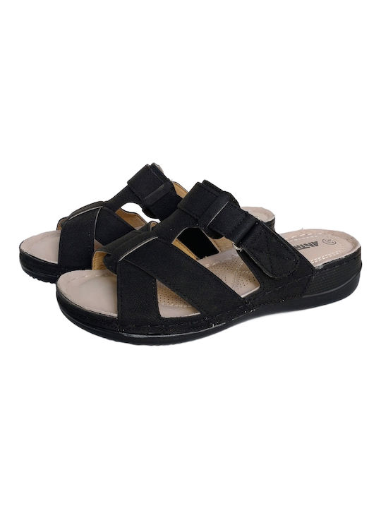 Antrin Leather Women's Flat Sandals Anatomic in Black Color