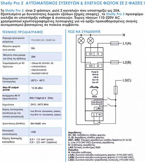Shelly PRO 2 Ρελέ Ράγας Ισχύος 16A με Τάση 230V