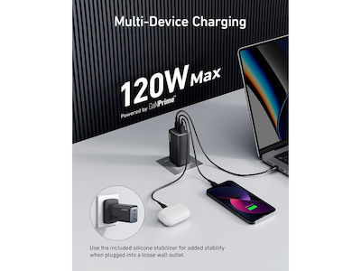 Anker Charger Without Cable with USB-A Port and 2 USB-C Ports 120W Power Delivery Black (737 GaN III Prime)