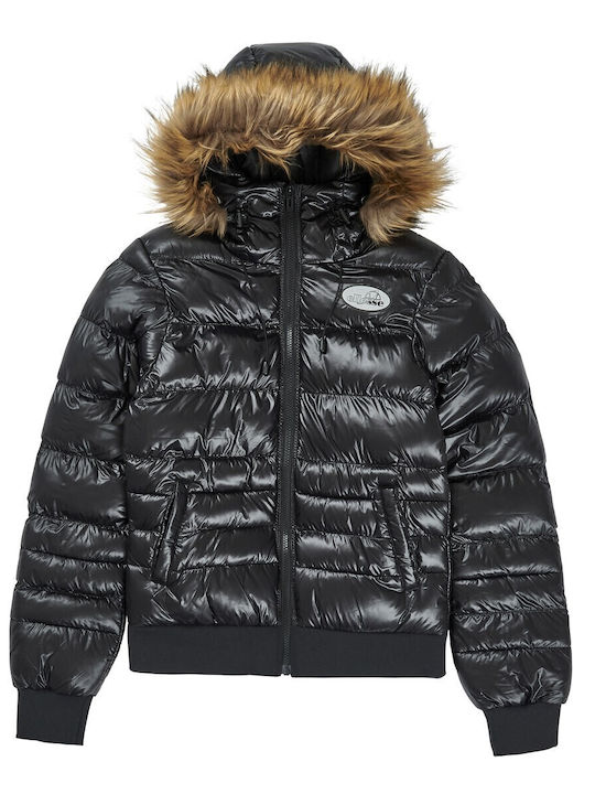 Capalo Scurtă Jachetă de femei Puffer cu glugă de blană Negru
