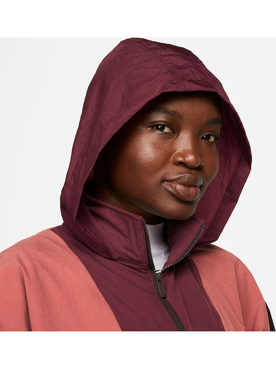 Sportswear Women's Short Sports Jacket for Spring or Autumn with Hood Burgundy