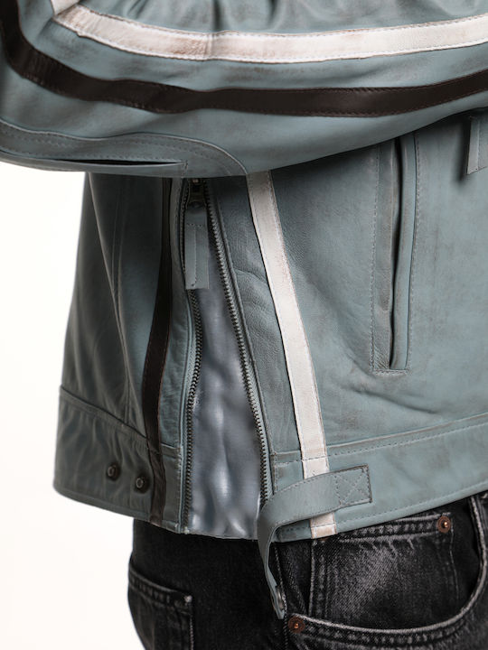 Men's light blue leather biker biker jacket CODE: 2374 ICE