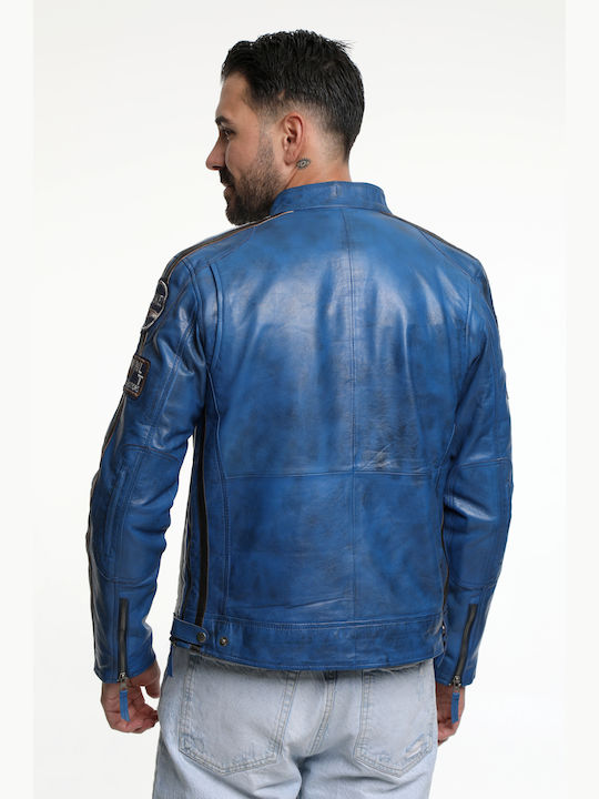 Jachetă biker din piele albastră pentru bărbați CODE: 2374 ELE BLUE