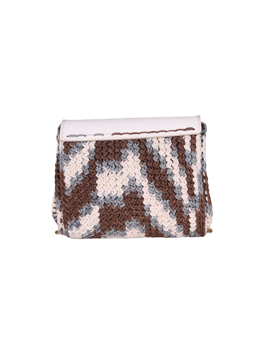 Women's handmade knitted handbag with rayon silk yarn and Italian white leatherette brown ecru grey