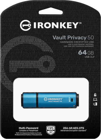 Kingston IronKey Vault Privacy 50 64GB USB 3.2 Stick Blue