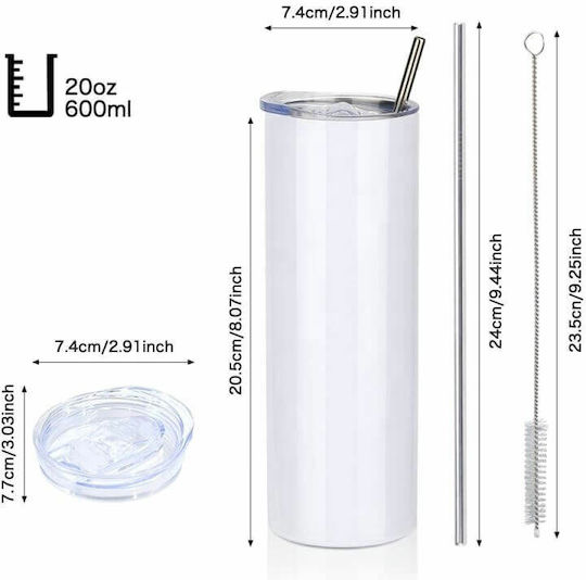 Koupakoupa AEK Glass Thermos Stainless Steel BPA Free 600ml White with Mouthpiece and Straw