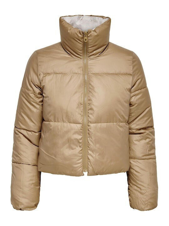 Only Women's Short Puffer Jacket Double Sided for Winter Beige