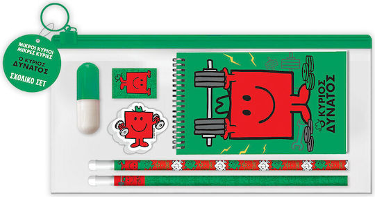 CHartini Poli Little Men Little Ladies Kids Stationery Set with Pencil, Sharpener, Eraser, Notepad and Pencil Case 6pcs Mr. Strong