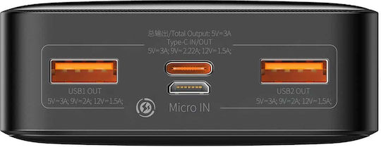 Baseus Bipow Overseas Edition Power Bank 20000mAh 20W με 2 Θύρες USB-A και Θύρα USB-C Μαύρο