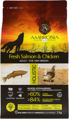 Ambrosia Fresh Salmon & Chicken Adult Mini Breeds 2kg Dry Food Grain Free for Adult Dogs of Small Breeds with Chicken and Salmon