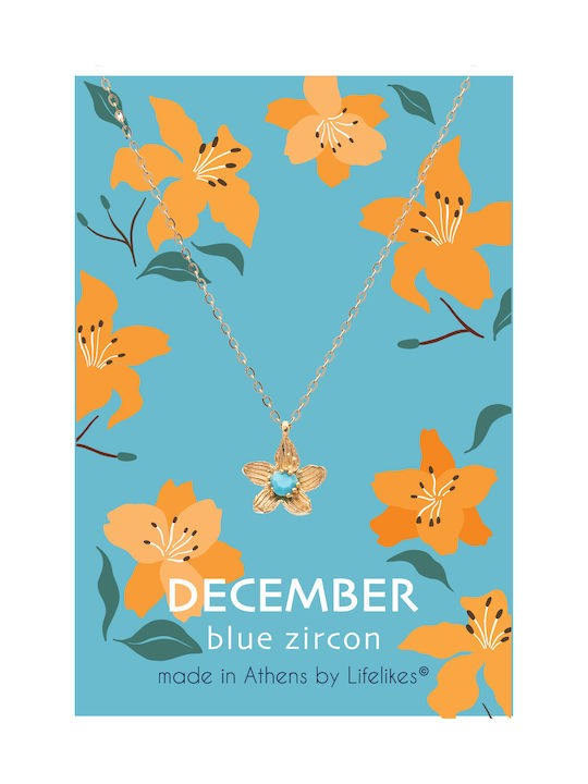 LifeLikes Birthstone December Necklace with Flower Design Gold Plated with Zircon Blue