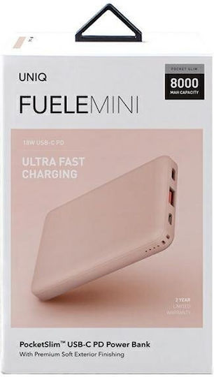 Uniq Fuele Mini Power Bank 8000mAh 18W με Θύρα USB-A και Θύρα USB-C Power Delivery Ροζ