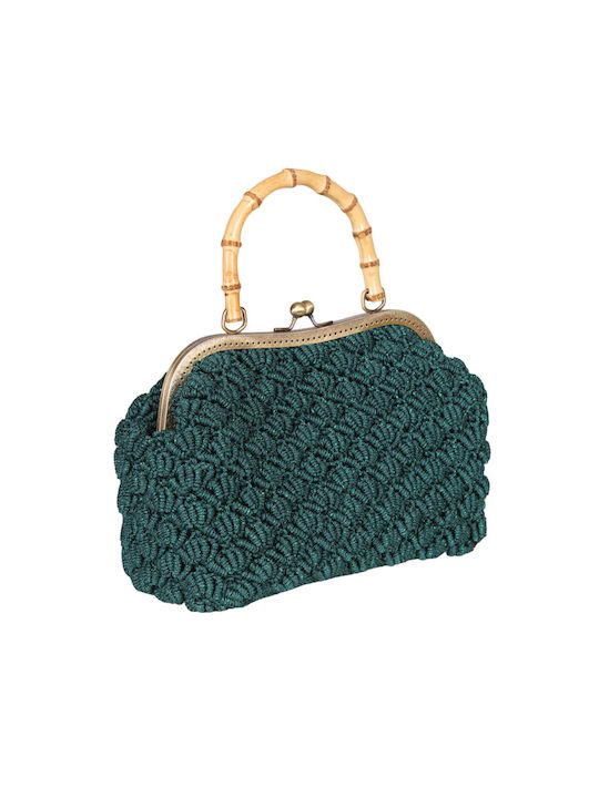 Women's handmade knitted bag with lurex gold thread polypropylene yarn and bamboo hand cypress green