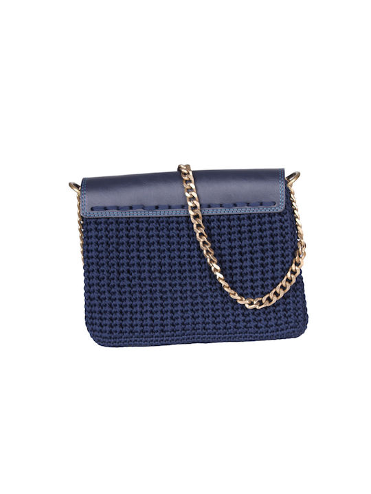 Women's handmade knitted handbag with vegetable silk and Italian leatherette bronze chain dark blue