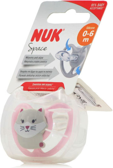Nuk Ορθοδοντική Πιπίλα Σιλικόνης για 0-6 μηνών Space με Θήκη Γάτα Ροζ