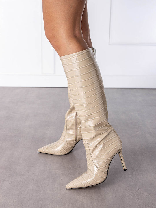 Leder Damenstiefel mit mittlerem Absatz Beige Croco