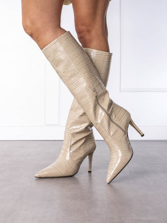Leder Damenstiefel mit mittlerem Absatz Beige Croco