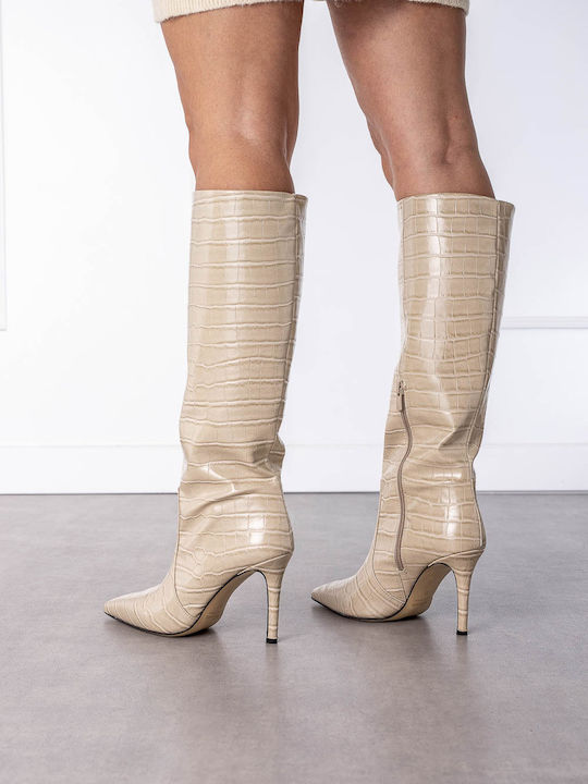 Leder Damenstiefel mit mittlerem Absatz Beige Croco