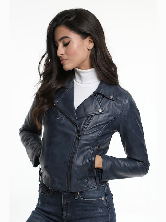 Women's leather jacket dark blue perfecto CODE: ANAIS