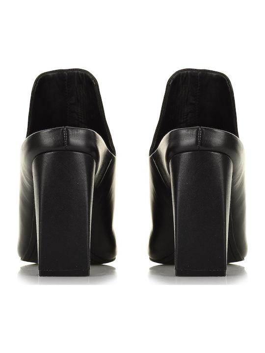 Leather Mules with Chunky High Heel in Black Color