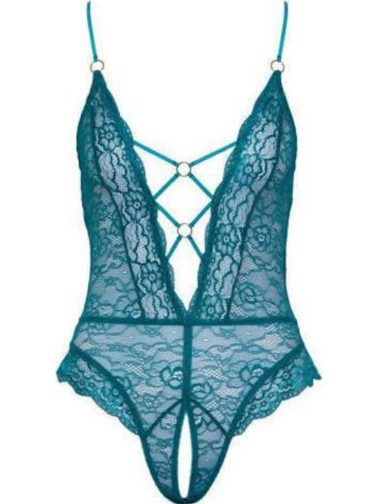 Cottelli Collection Sexy Bodysuit mit Spitze Offener Schritt Grün Blau