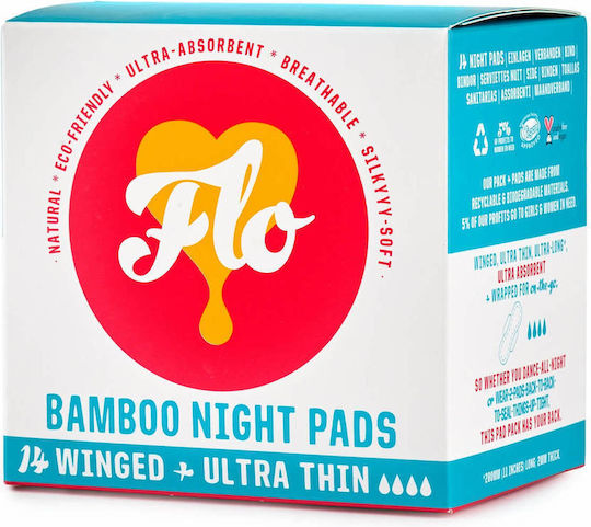 Here We Flo Bamboo Night Pads with Wings for Heavy Flow 4 Drops Size 4 14pcs