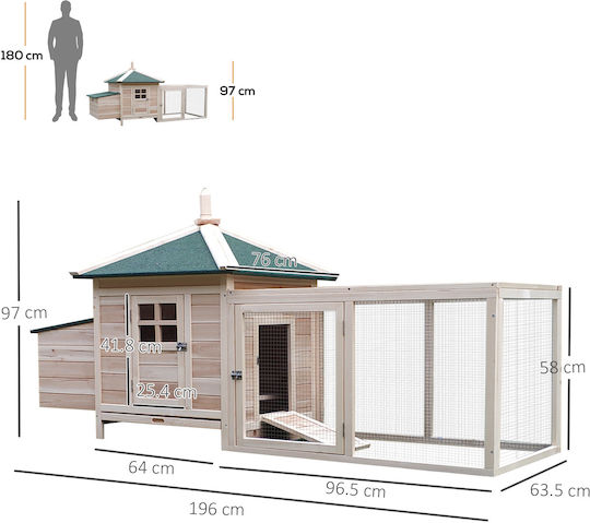 Pawhut Wooden Poultry Coop 2-Level L1.96 x W0.97 x H0.76m