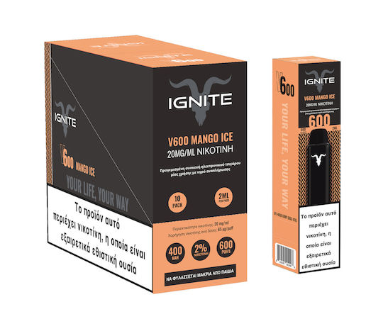 Ignite V600 Ηλεκτρονικό Τσιγάρο μιας Χρήσης Mango Ice 2ml 20mg Μαύρο
