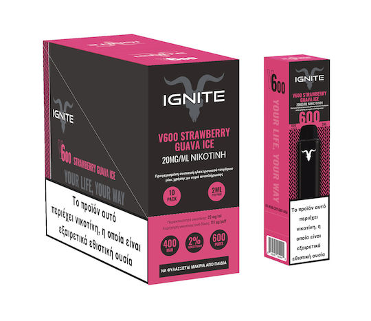 Ignite V600 Единично Употребима Електронна Цигара Strawberry 2ml 20mg Черен