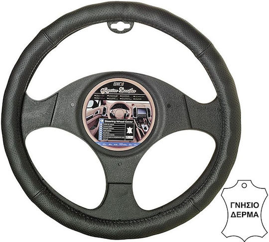 Car+ Κάλυμμα Τιμονιού Αυτοκινήτου Genuine Leather με Διάμετρο 37-39εκ. Δερμάτινο Μαύρο με Μαύρη Ραφή