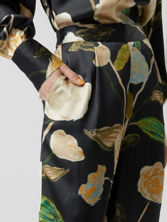 Damen Hoch tailliert Stoff Hose mit Gummizug in Weitem Schnitt Blumen Schwarz
