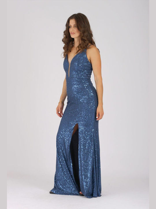 Desiree Maxi Evening Dress with Slit Navy Blue