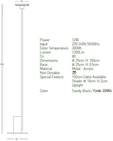 Zambelis Lights LED Floor Lamp H160xW25cm. with Warm White Light 1200lm Black